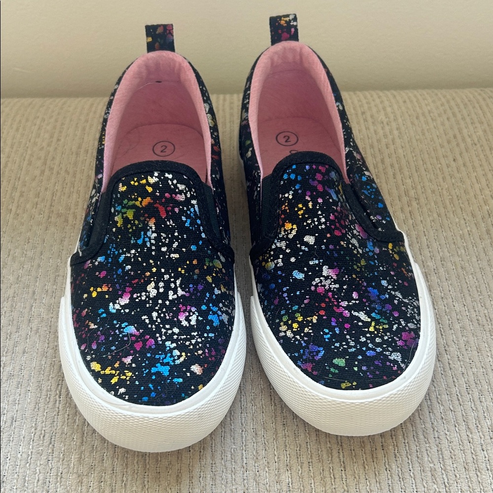 NWOT Black Slip-On Sneakers with Multicolor Paint-Splatter